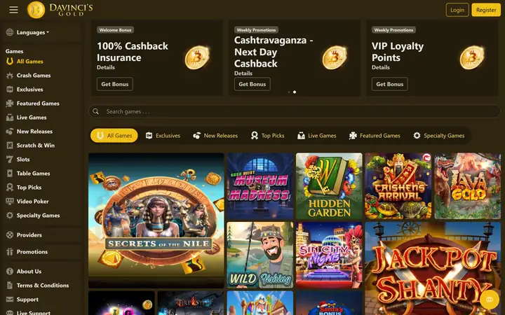 DaVinci’s Gold homepage: the DaVinci’s Gold logo on dark brown, a game menu down the left, a search bar, category tabs and slot tiles
