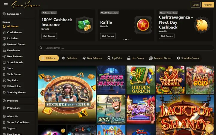 NewVegas games lobby on black with gold tabs: a games menu down the left, a search bar, category tabs and slot tiles