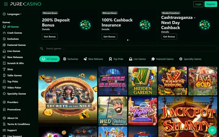 Pure Casino games lobby on near-black with green tabs: a games menu down the left, a search bar, category tabs and slot tiles