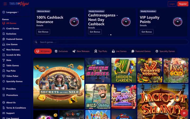 This is Vegas homepage: the This is Vegas logo on navy, a game menu down the left, a search bar, category tabs and slot tiles