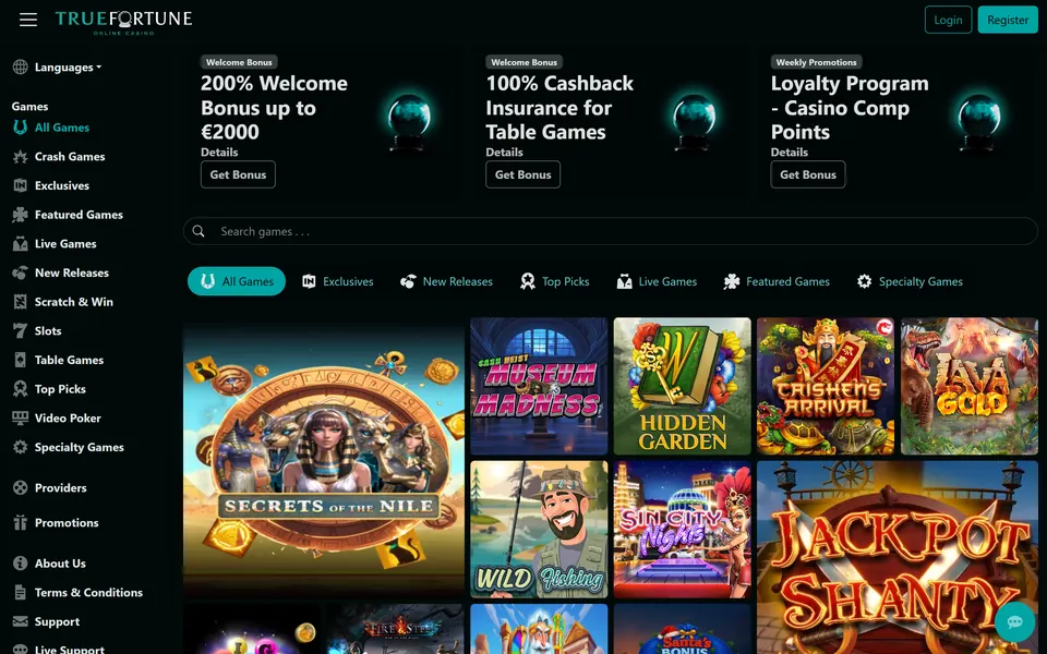 True Fortune homepage on a black background: the teal True Fortune logo, a Login button, a menu of game categories down the left, a search box, category tabs and a grid of slot game tiles